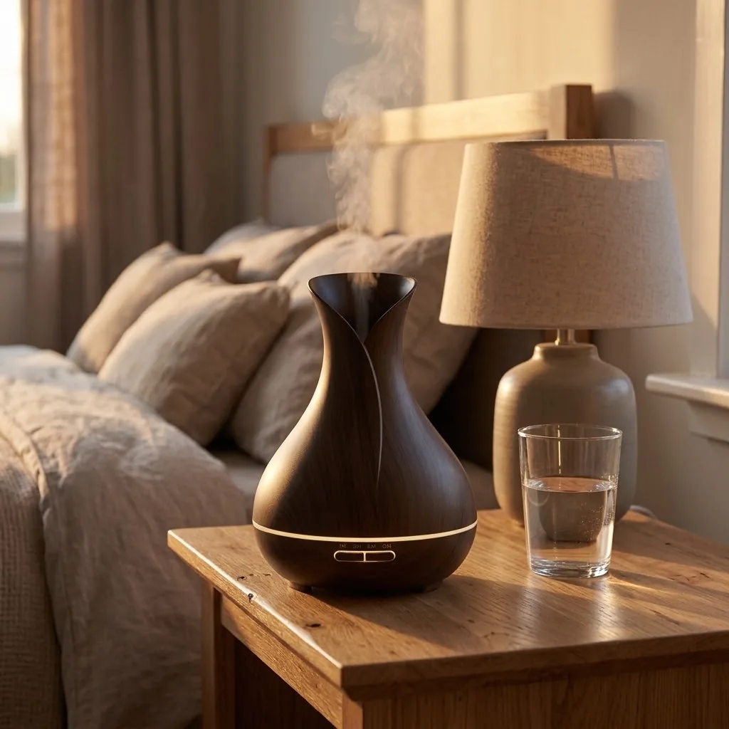 El difusor sobre un velador de dormitorio, junto a una lámpara y un vaso de agua